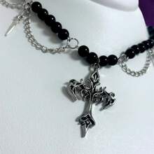 Dark Cross Choker - Choker With Embedded Pearls And A Large Cross Pendant In The Center, Goth Style. - 黑色 - 查看 3