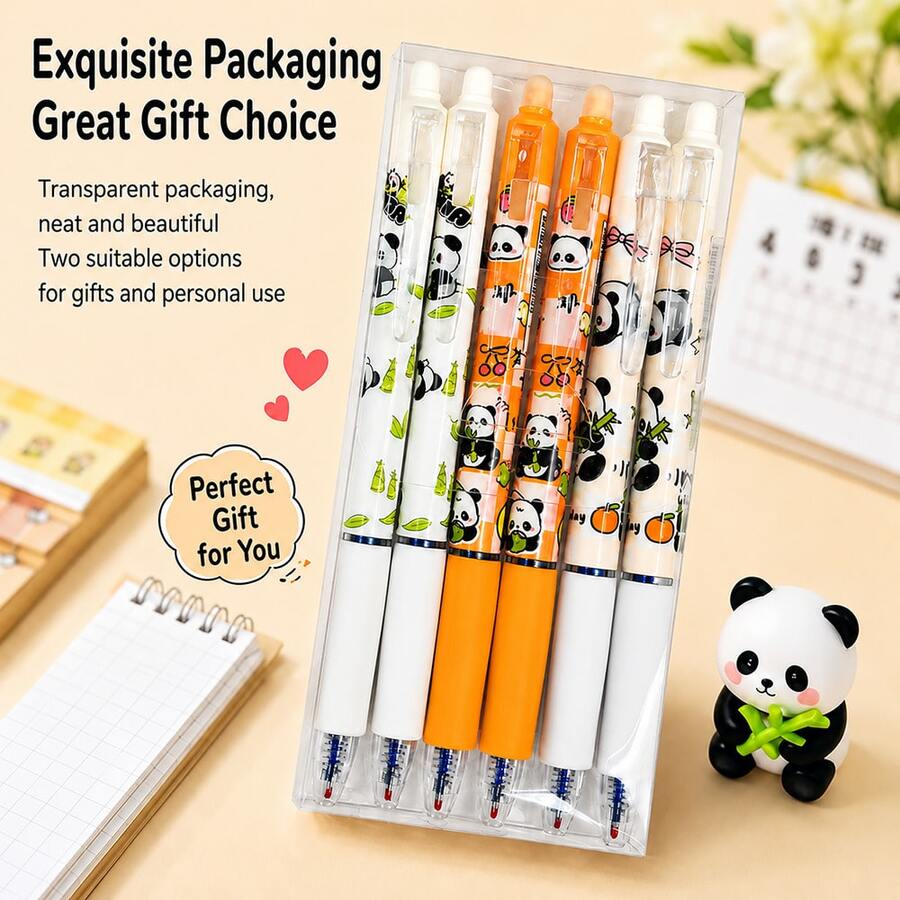1/6pcs Panda Erasable Gel Pens,0.5Mm Blue Ink Pen Quick-Dry S With Self-Contained Rubber Eraser,Back To School Supplies - Multicolor - View 1