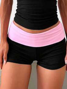 Petite Women's Black Fitted Two-Tone Patchwork Casual Shorts Summer - Black - View 2