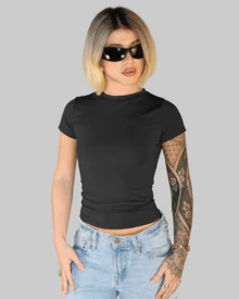 Women's Summer Cropped T-Shirt With Short Sleeves And Round Neck, Slim Fit, Solid Color, Aitona - 黑色 - 查看 1