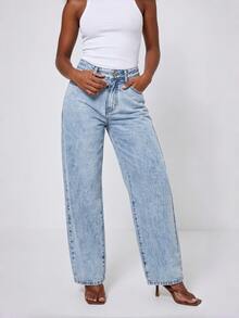 Soulscape Celana Jeans Wanita Pinggang Tinggi Potongan Lurus Warna Terang Kasual Denim Musim Gugur - Biru - View 2