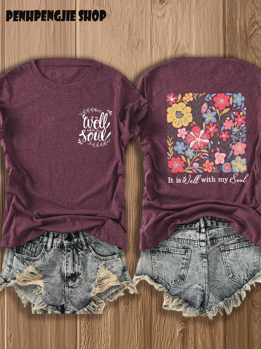 Vintage "It Is Well With My Soul" Wildflower Beach Front Back T-Shirt | Summer Tops For Women, On Everything, Casual Double Sided Graphic Tee - 中紫紅色 - 查看 1