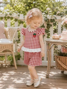 Baby Girl Summer 2-Piece Set: Red & White Patches Strawberry Print, Cap Sleeve Top With White Ruffle Hem, Lightweight & Breathable For Daily Wear, Outings, Parties, Picnics - Red - View 11