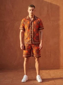 Printed Shirt And Shorts Set With Geometric Pattern, Made In Türkiye. Model Height: 1.81m, The Model Shown Is Wearing A Size M. - Red - View 1
