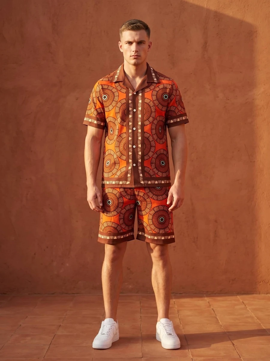 Printed Shirt And Shorts Set With Geometric Pattern, Made In Türkiye. Model Height: 1.81m, The Model Shown Is Wearing A Size M. - Red - View 1