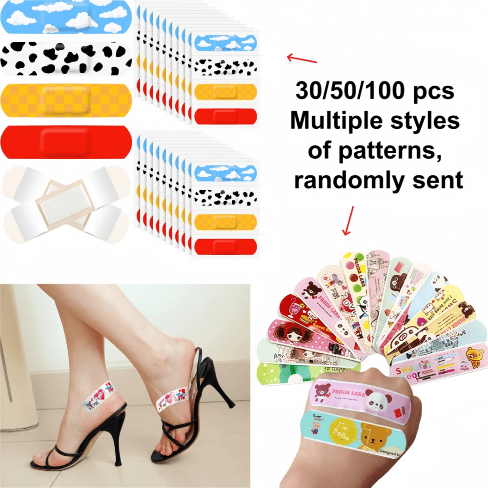 30/50/100 buah Plester Pergelangan Kaki Bergambar Kartun yang Bernapas, Plester Tahan Aus, Cocok untuk Keadaan Darurat di Rumah, Perjalanan, Berkemah, dan Aktivitas Luar Ruangan, Berbagai Gaya Pola, Dikirim Secara Acak - View 1