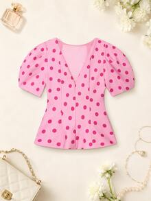 Solid Color Bubble Short Sleeve Polka Dot Top, Spring/Summer Pink, Soft Girl Style - Pink - View 6