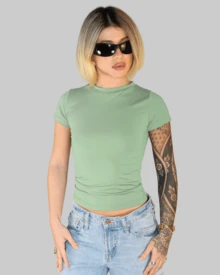 Women's Summer Cropped T-Shirt With Short Sleeves And Round Neck, Slim Fit, Solid Color, Aitona - 特奧斯綠色 - 查看 2