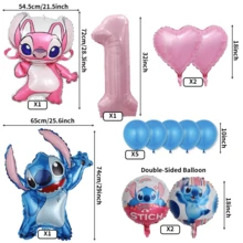 Authorized Cartoon Stitch Blue Big Ear Alien Cute Space Creature Blue & Pink Theme Birthday Party Balloon Decoration Set, Includes 32-Inch (1-9) Pink Number Foil Balloons, Foil Balloons, Large Cool Jumping Shape Foil Balloons, Suitable For Birthday Party Decoration Theme Party Supplies Decoration Balloon Set - View 2