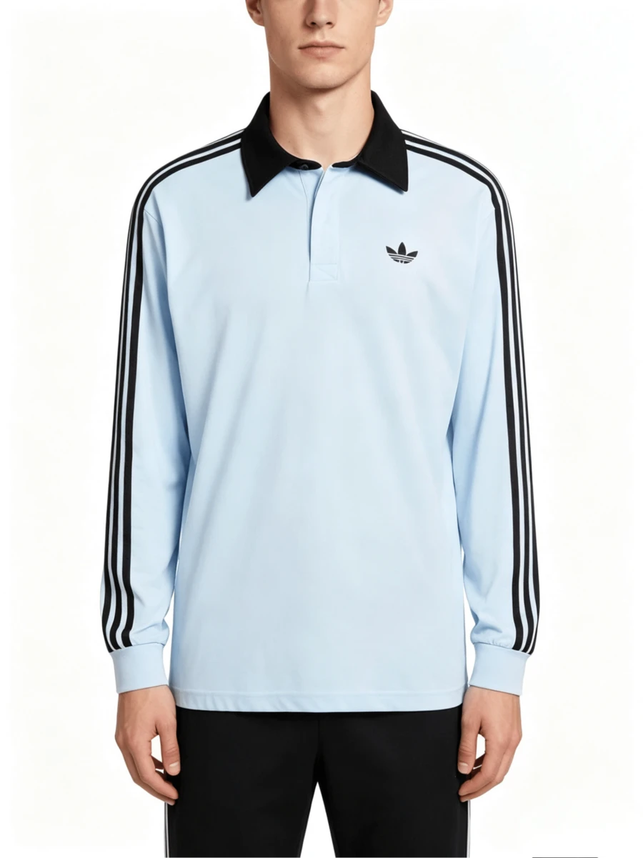 adidas originals RUGBY 純棉透氣舒適親膚運動休閒寬鬆長袖Polo衫男款 - 淺藍色 - 查看 1