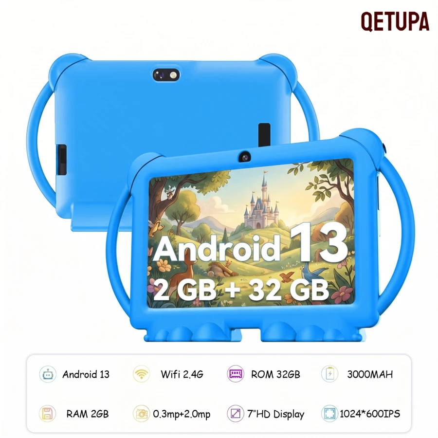 Qetupa 7英寸卡通安卓13儿童平板电脑,A133四核1.6GHz处理器,2GB RAM + 32GB ROM,1024*600 IPS触控屏,3000mAh电池,0.3MP + 2.0MP双摄像头,2.4G 802.11b WiFi,带家长控制功能,内置教育游戏,配备防震保护套 - 藍色 - 查看 1