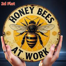 2D Flat Metal Surface Round Wall Decor Ornament, Bee Theme "Bee Collecting Nectar" American Vintage Iron Plaque, Size 20x20cm, Weather Resistant, Suitable For Indoor And Outdoor Use, Can Be Used For Garden, Farm, Beehive, Etc., Perfect Gift For Gardening Enthusiasts And Natural Style Home Decor, Featuring Bee Theme And Fun Font Design. - Bee - View 6