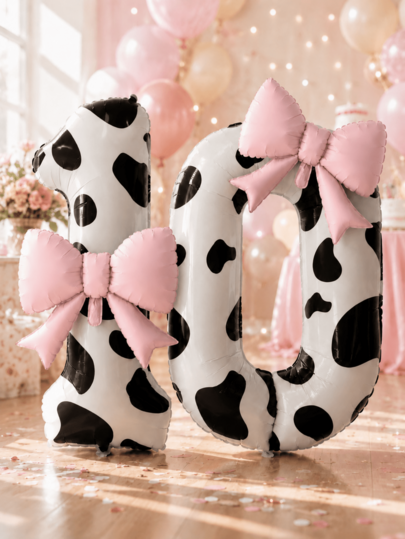 2pcs 40-Inch Cow Print Number 0-9 Balloons, 21-Inch Matte Light Pink Bow Decor Balloons, Suitable For Cow Themed Birthday Party Decor, Barn, Farm, Animal Theme Decor