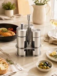 3/4Pcs Stainless Steel Kitchen Condiment Container Set, Oil Dispenser And Seasoning Jars With Holder For Home, Restaurant And Dining Table - Silver - View 4