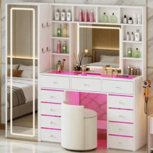 60.82" Full Length Mirror Makeup Vanity Desk With Smart LED Mirror & Charging Station, Transparent Top With 11 RGB Drawers, 10 Shelves, 3 Lighting Modes & Adjustable Brightness, Vanity Woman, White - White - View 12
