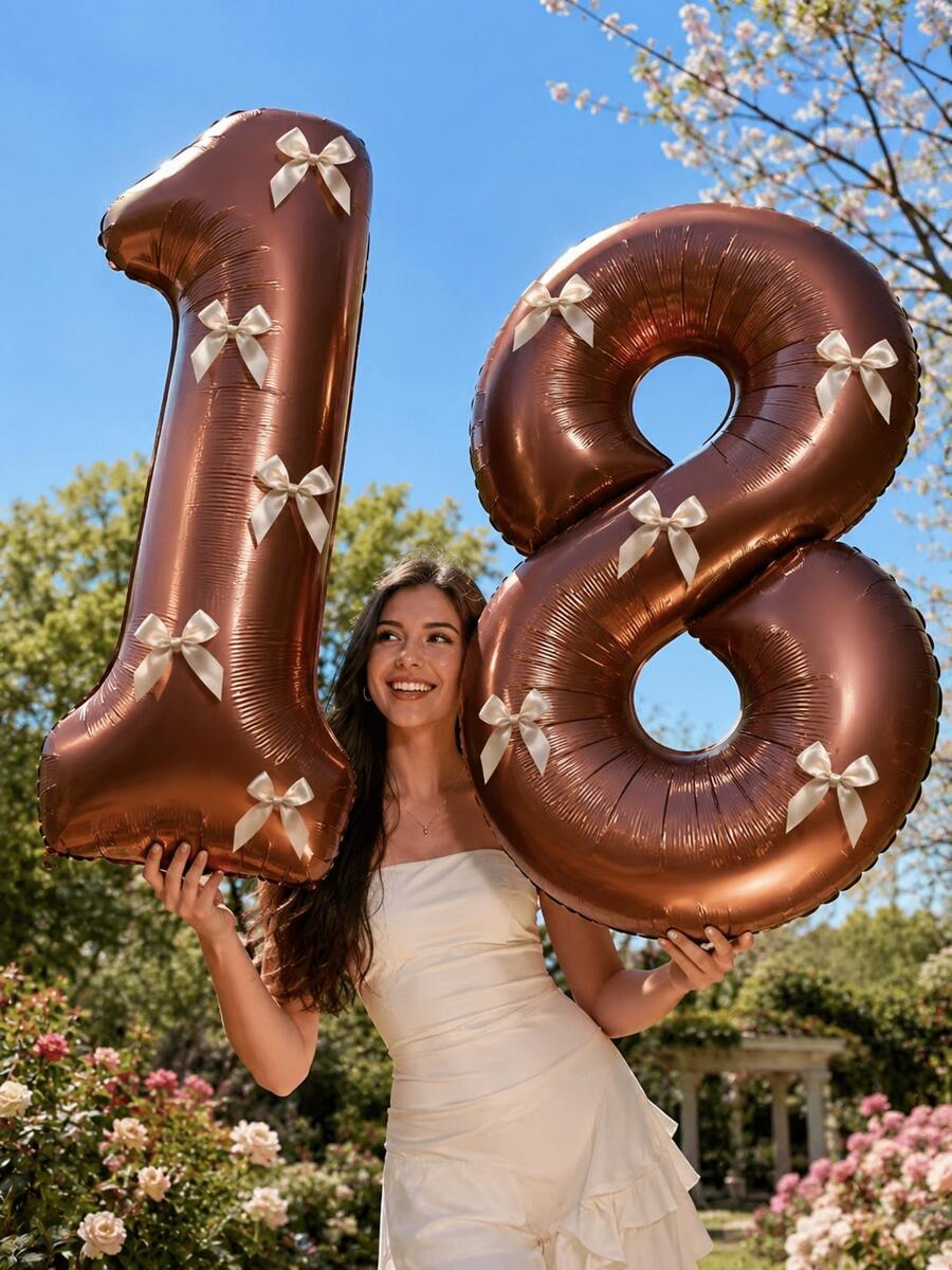 1 Set 32-Inch Coffee Color Number "0-9" Balloon Set - Includes 5 Bows, Suitable For Helium Inflation, Applicable For Birthday Party, Wedding, Anniversary, New Year, Holiday, Carnival And Other Occasions - Brown - View 1