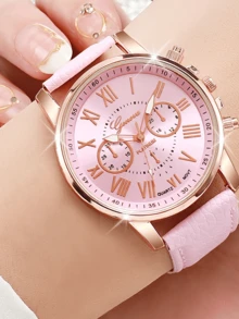6pcs/Set Fashion PU Leather Strap Alloy Quartz Watch Set - Pink - View 3