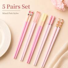 5 Pairs Floral Macaron-Colored Reusable Chopsticks, Durable PET Daisy Design For Home And Restaurant Use - View 4