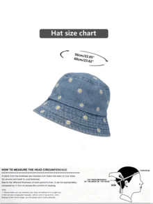 1pc Women's Light Blue Daisy Print Denim Bucket Hat - Gem Black - View 3