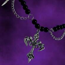 Dark Cross Choker - Choker With Embedded Pearls And A Large Cross Pendant In The Center, Goth Style. - 黑色 - 查看 4