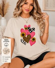 Women's Graphic T-Shirt With Hearts, Sunflowers, Leopard Print And Checks, 100% Breathable Cotton, Short Sleeves, Round Neck, Comfortable For Summer And Everyday Wear - 卡其色 - 查看 2