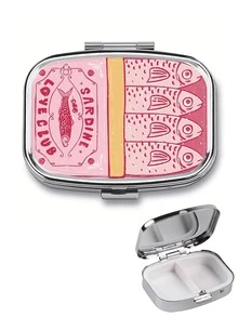 Vintage Sardine Pattern Square Pill Box - Compact Dual Compartment Pill Storage Box, Suitable For Home And Travel - Unique Gift For Pocket And Handbag / Mini Metal Round Pill Box / Divided Jewelry Storage Box / Mother's Day Gift, Gift For Family - Multicolor - View 1