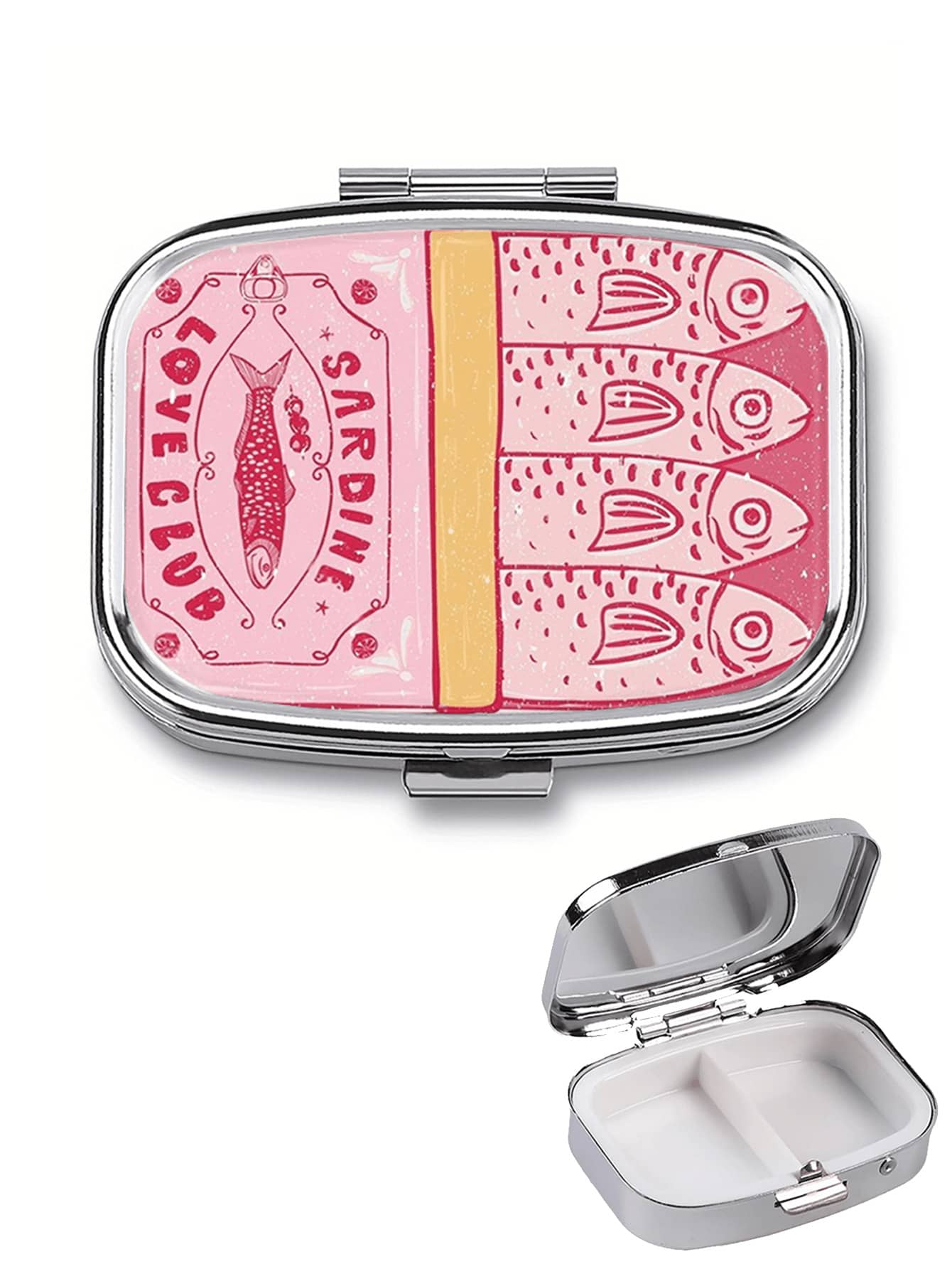 Vintage Sardine Pattern Square Pill Box - Compact Dual Compartment Pill Storage Box, Suitable For Home And Travel - Unique Gift For Pocket And Handbag / Mini Metal Round Pill Box / Divided Jewelry Storage Box / Mother's Day Gift, Gift For Family - Multicolor - View 1