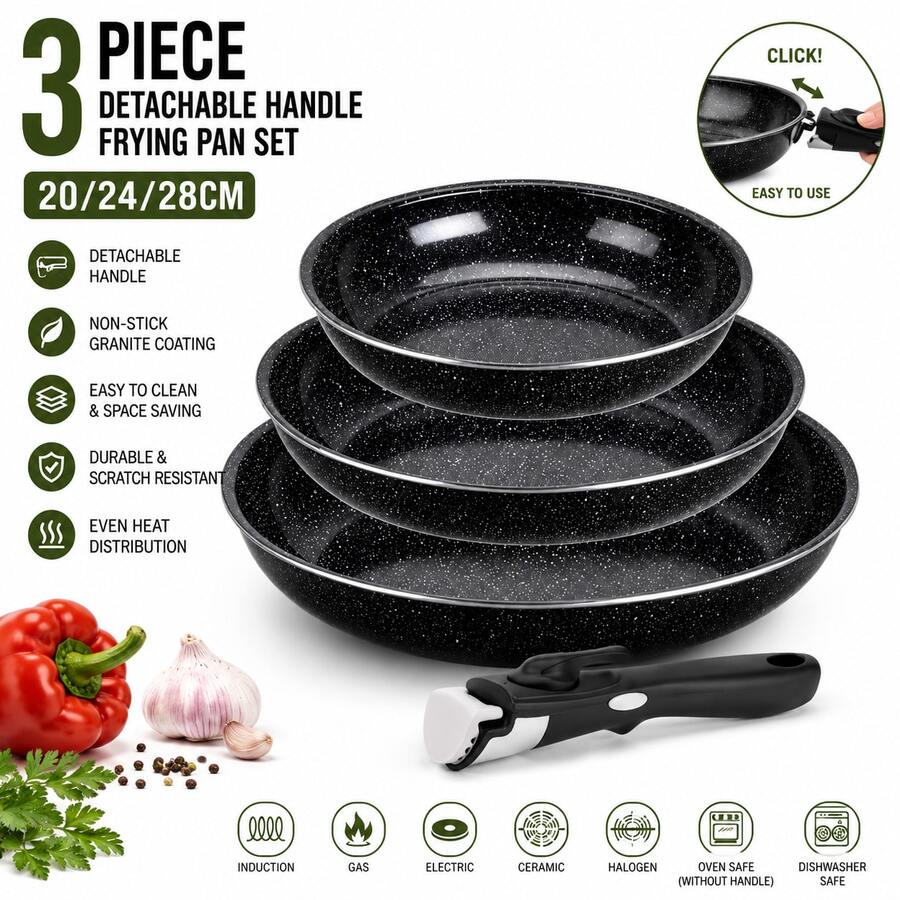 Ensemble de 3 poêles à frire avec poignées amovibles 20/24/28 cm | Revêtement antiadhésif effet granit | Compatible induction | Passe au four et au lave-vaisselle - Voir 1