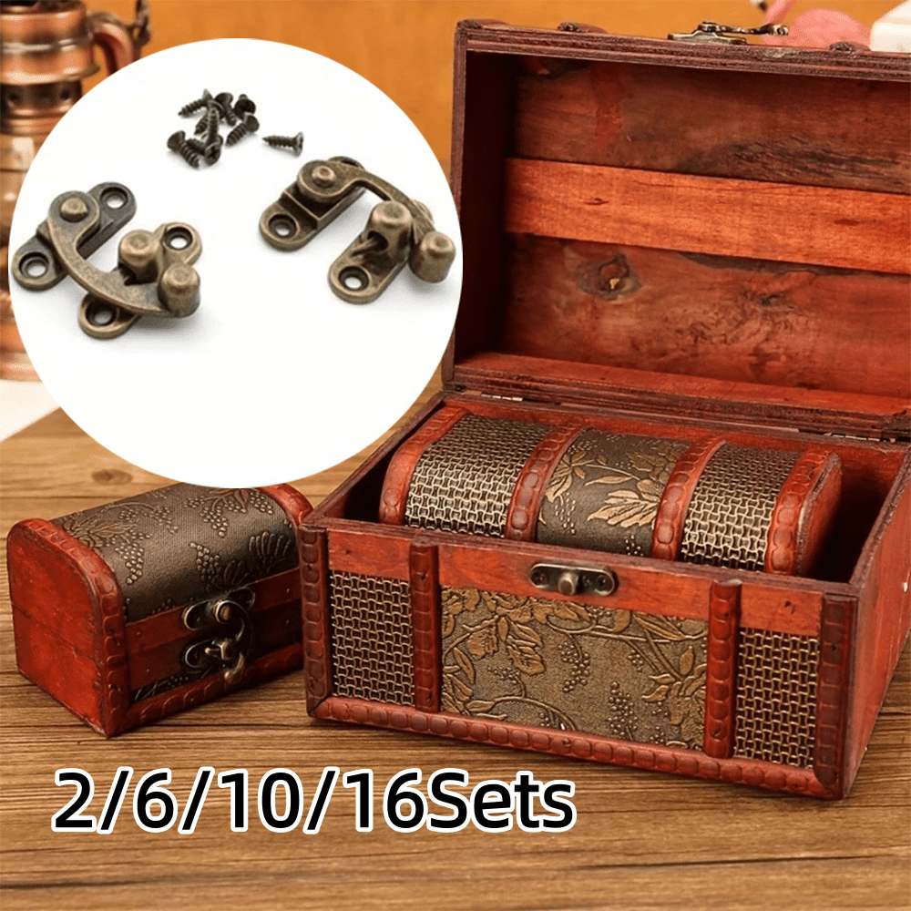 2/6/10/16Sets Verrou de bras oscillant gauche et droit en bronze, crochet en alliage de zinc, avec vis de rechange pour boîte à bijoux, verrou de boîte à outils, valise, boîte à bijoux, boîte cadeau, boîte en bois, verrou en fer, verrou de boîte en trompette