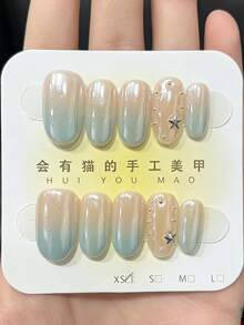 10Pcs Handmade Press On Nails Short Oval, Nude Blue Gradient Cat Eye False Nails With Star & Rhinestone Decor, Reusable Gel Glue On Nails For Women Daily Wear - Multicolor - View 1