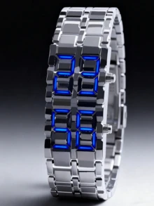 2pcs/Set Fashion New Business Men's Stainless Steel Strap LED Digital Watch Suitable For Daily Decoration - Silver - View 2