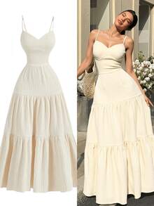 Vestido largo de verano para mujer, con tirantes delgados, fruncido, con volantes, sin mangas, largo y fluido - amarillo ganso - Ver 1