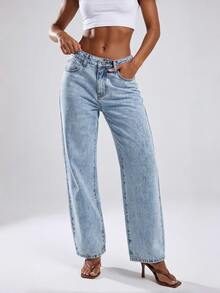 Soulscape Celana Jeans Wanita Pinggang Tinggi Potongan Lurus Warna Terang Kasual Denim Musim Gugur - Biru - View 1