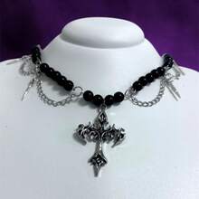 Dark Cross Choker - Choker With Embedded Pearls And A Large Cross Pendant In The Center, Goth Style. - 黑色 - 查看 1