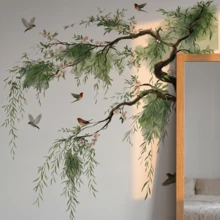 2pcs/Set Watercolor Tree Branch Wall Decals, Large Weeping Willow Green Leaves & Birds, Peel And Stick Stickers, Living Room Bedroom Background Decoration - Willow Leaf Wall Stickers - View 4