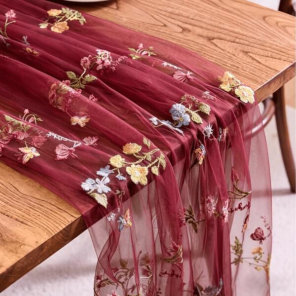 Embroidered Champagne Butterfly & Floral Table Runner Suitable For Weddings - Elegant Sheer Table Decor With Embroidery, Fabric, Length For Chair Back, Veil Or Party Decoration, Multi-Use Decorative Table Runner For Special Events
