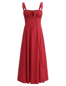 Sexy Women Midi Dress, Corset Bustier Spaghetti Strap Summer Dress With Slit, Floral/Plain Sundress For Vacation Beach Outfit, Party, & Casual Wear - 紅色 - 查看 3