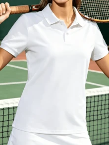 女款休閒純色翻領短袖 Polo 衫，夏季運動款 - 白色 - 查看 4