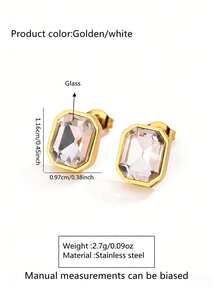 VceTd 1 Pair Fashionable Multi-Color Square Glass Design Stainless Steel Women's Stud Earrings Suitable For Daily Wear/Holiday Gift - Yellow Gold - View 13