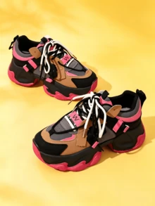 Women's Black Chunky Sneakers, Round Toe Lace-Up Thick Bottom Casual Athletic Shoes, Lightweight Outdoor Running For Spring & Autumn - 紅色 - 查看 12