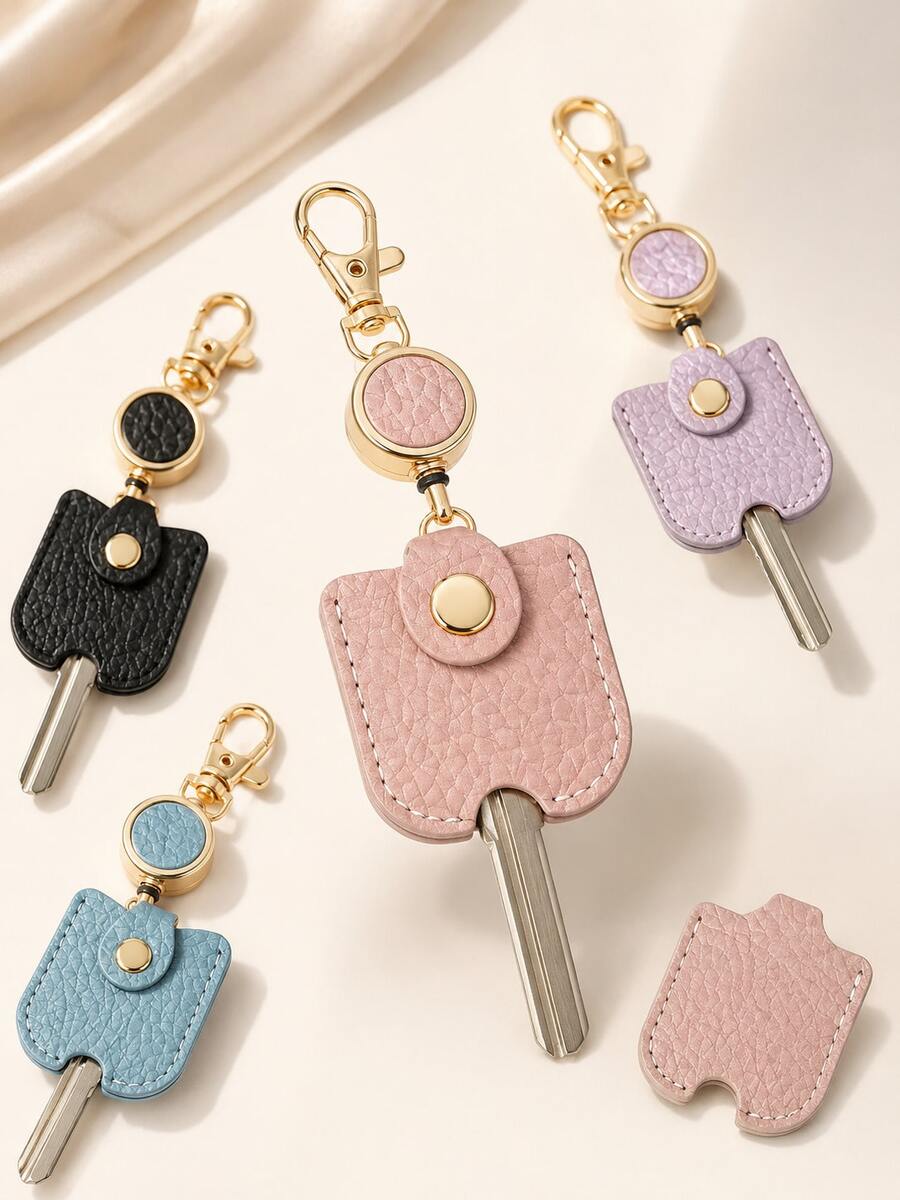 1pc Cute Faux Leather Retractable Keychain, For Women, 11.81 Inch Stretchable Key Ring With Gold Buckle, Suitable For ID Badge, Car Keys And Handbag - Multicolor - View 1