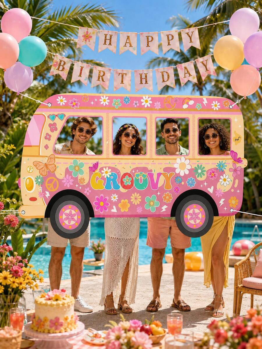 1pc-Retro Hippie Bus Photo Prop, Fun Floral-Themed Cutout Photo Frame, Suitable For Retro-Style Birthday Parties And Bohemian-Themed Events, Versatile And Reusable Party Decoration. - View 1