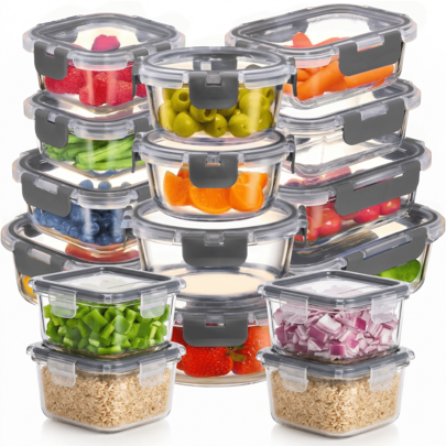 32-Piece Glass Food Storage Set (16 Glass Bowls + 16 Lids) With Improved Locking Lids Lids – Airtight Lunchbox, Suitable For Microwave/Oven/Refrigerator/Dishwasher (Grey)