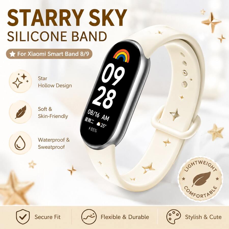 智能手表表带，适用于小米手环 8/9/10，透气硅胶表带，镂空星形设计，深黑、复古绿、薄荷蓝、奶油白，灵感源自多巴胺的女性手环