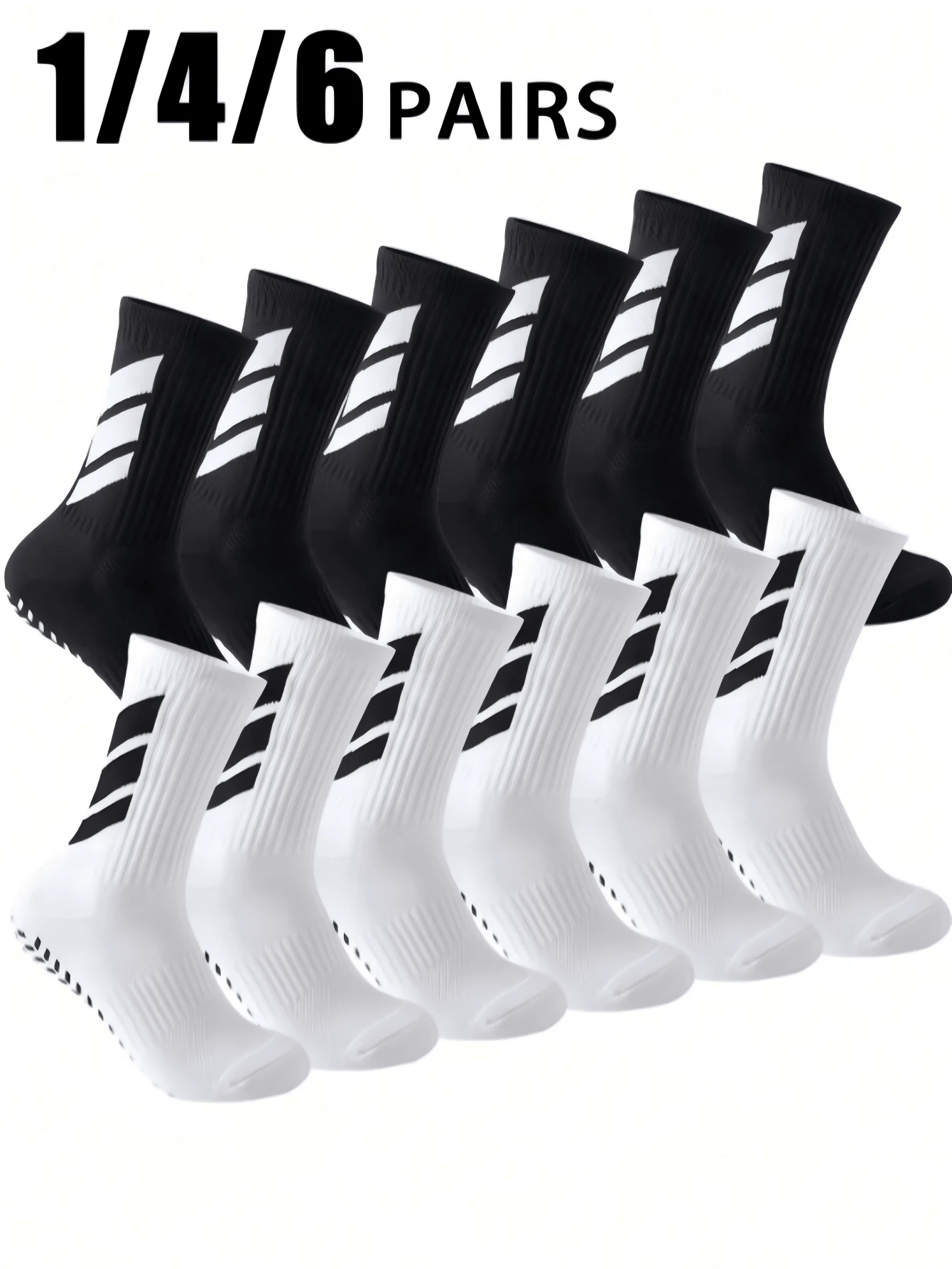 1/4/6 Pairs Men's Anti-Slip Silicone Grip Breathable Striped Mid-Calf Socks, Suitable For Football Training And Long-Distance Scenarios - Black and White - View 1