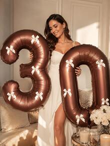1 Set 32-Inch Coffee Color Number "0-9" Balloon Set - Includes 5 Bows, Suitable For Helium Inflation, Applicable For Birthday Party, Wedding, Anniversary, New Year, Holiday, Carnival And Other Occasions - Brown - View 2