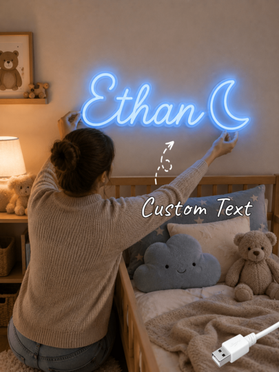 Personalized Name Neon Light With Moon, Blue LED Wall Sign For Nursery, Customizable Text, Perfect For Boys Room & Baby Shower Gift