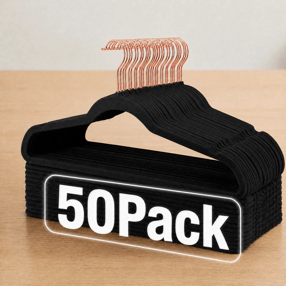 50 Pcs Velvet Clothes Hangers, 360° Rotating Hook, Suit Hangers, Space-Saving Clothes Hangers, Velvet Hangers For Dresses, Tank Tops, Heavy Dresses, Thin Trouser Hangers, Non-Slip - màu đen - Xem 1