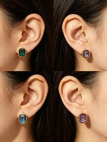 VceTd 1 Pair Fashionable Multi-Color Square Glass Design Stainless Steel Women's Stud Earrings Suitable For Daily Wear/Holiday Gift - Yellow Gold - View 4