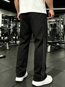 Summer Plus Size Men's Striped Straight Leg Sports Pants, Versatile Long Pants For Fitness, Hiking And Sports - Black - View 2